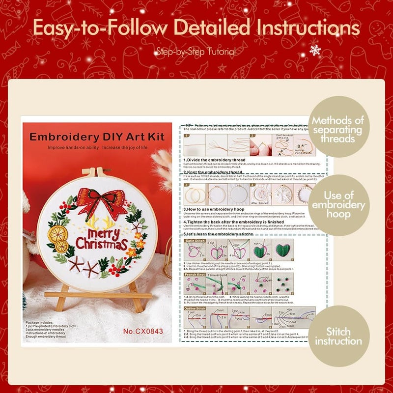 wtisan Christmas Embroidery Kits: 1 Pack Cross Stitch Kit for Beginners Adults, DIY Ornaments Craft Kit with All Tools & Instructions, Stamped Hand Embroidery Starter Kit for Holiday Crafts & Xmas Home Decor - Image 2